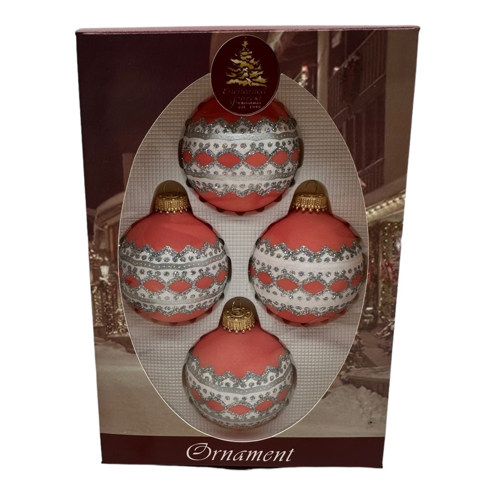 Box of 4 VTG Enchanted Forest Glass‎ Christmas Ornaments Pink White Glitter